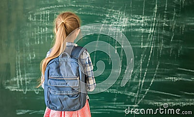 Blonde schoolgirl with backpack stands before chalkboard in classroom. Little girl with ponytail hairstyle prepares for Stock Photo