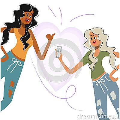 The blonde shows the qr code to her friend on the smartphone screen. African American thumbs up. Young happy women. The Vector Illustration