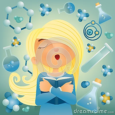 Blonde student girl with book. Cartoon Illustration