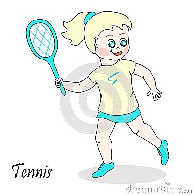 Blonde tennis player in a forehand motion holds a racket with one hand Vector Illustration