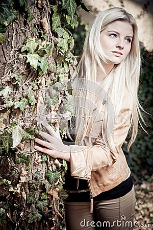 Blonde with Tree Stock Photo