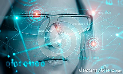 Blonde woman in AR glasses, binary code and hud Stock Photo