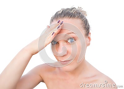 Blonde woman breathing a sigh of relief. Stock Photo