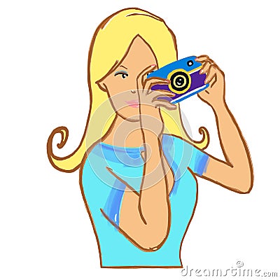 Blonde woman with camera in her hands. Photographer portrait with camera covering her face Stock Photo