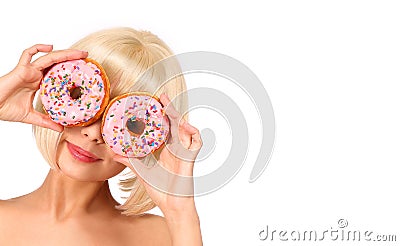 Blonde woman with colorful donuts isolated Stock Photo