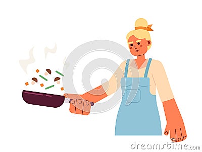 Blonde woman flipping vegetables semi flat colorful vector character Vector Illustration