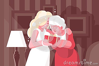 Blonde woman giving present to her mother Vector Illustration