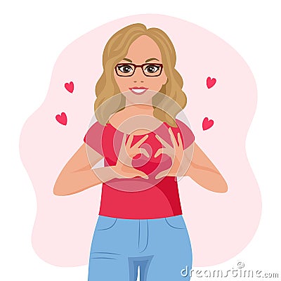 A blonde woman in glasses with a joyful expression shows a heart with her hands. Emotions and gestures. Flat style illustration Vector Illustration