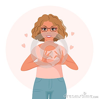 A blonde woman in glasses with a joyful expression shows a heart with her hands. Emotions and gestures. Flat style illustration Vector Illustration