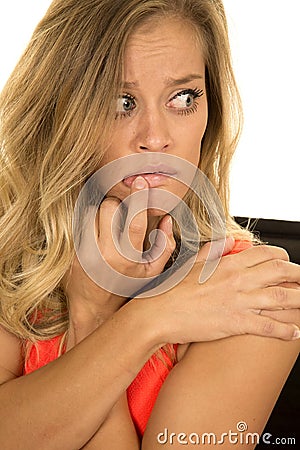 Blonde woman head shot close finger on mouth scared Stock Photo