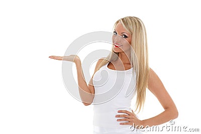 Blonde woman holds an imaginary object in a hand. Stock Photo