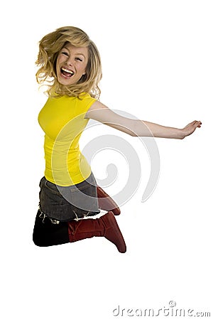 Blonde Woman Jumping Stock Photo