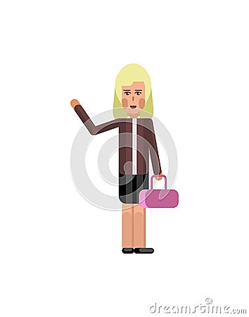 Blonde woman with ladies handbag waving hand Vector Illustration