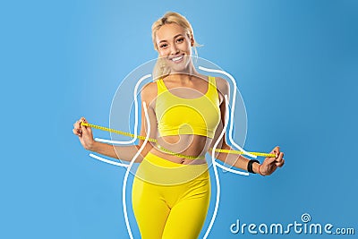 Blonde woman measuring waist, sharing weight loss result, being happy over slimming process, keeping healthy diet Stock Photo