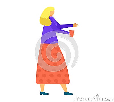 Blonde woman in purple top and polka dot skirt walking with a coffee cup. Casual stroll with a takeaway drink vector Cartoon Illustration