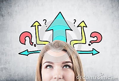 Blonde woman s head, arrows and questions bright Stock Photo