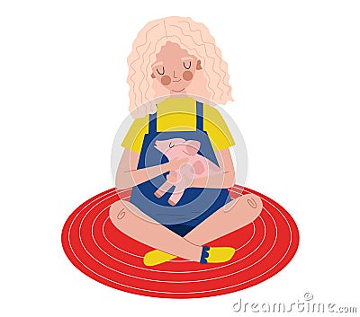 Blonde woman sits cross-legged holding a toy pig. Carefree young lady with curly hair relaxing indoors. Motherhood Vector Illustration