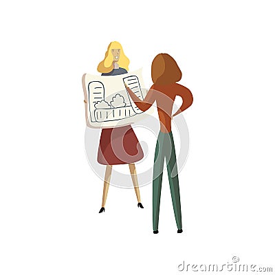 Blonde shows her colleague a draft on paper. Vector illustration on white background. Vector Illustration