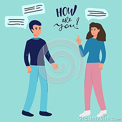 Blonde woman talking with man vector illustration. Cheerful lady gesturing in conversation with bearded boy. Serious guy Vector Illustration