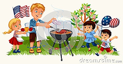 Blonde young man with lovely kids cooking steak on bbq Vector Illustration