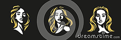 Blonde young woman abstract minimalist portrait logo for cosmetologist stylist set vector flat Vector Illustration