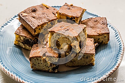 Blondie Brownie with Peanut Butter, White Chocolate and Roasted Peanuts. Homemade Cake Dessert / Blonde Brownie Pieces Stock Photo