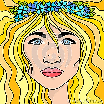 Blondy girl portrait with blue flowers in her hair. Vector Illustration