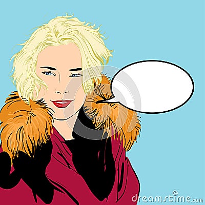 Blondy woman in furs. A woman explaining something. Vector Illustration