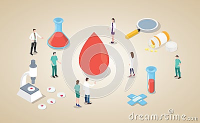 Blood analysis concept with team doctor and nurse with magnifying glass and bloods sample with modern isometric style - vector Cartoon Illustration