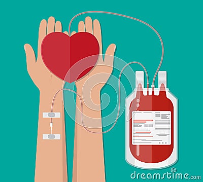 Blood bag and hand of donor with heart. donation Vector Illustration