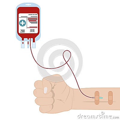 Blood bag, pack with donor hands isolated on white background. Blood donation, transfusion. Medical concept. Flat cartoon style Vector Illustration