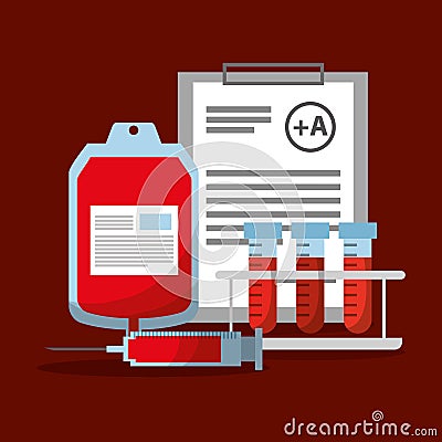 Blood bag syringe test tube and clipboard report Vector Illustration
