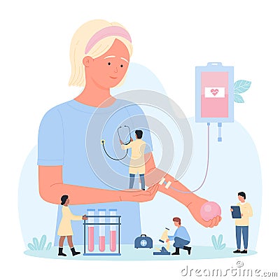 Blood donation, charity, woman donor holding tiny doctors in arm to test heart health Vector Illustration