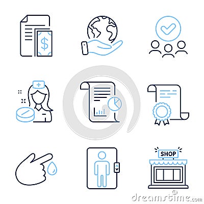 Blood donation, Elevator and Payment icons set. Shop, Report and Nurse signs. Vector Vector Illustration