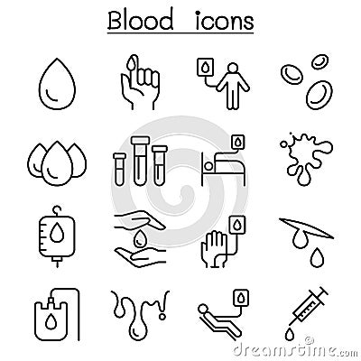 Blood donation icon set in thin line style Vector Illustration