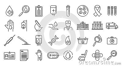 Blood donation icons set, outline style Vector Illustration