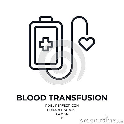 Blood donation or transfusion concept editable stroke outline icon isolated on white background vector illustration. Pixel perfect Vector Illustration