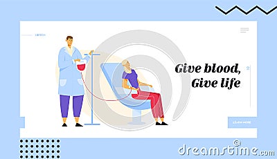 Blood Donation. Woman Donate Blood for Diseased People, Male Nurse Taking Lifeblood into Plastic Container Vector Illustration