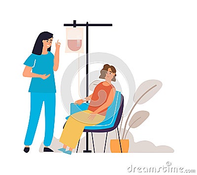 Blood donation. Woman donates blood plasma. Charity event. Volunteers help doctors save patients lives. Medical scene of Vector Illustration