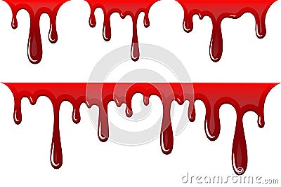 Blood drip 3D set. Drop blood isloated white background. Happy Halloween decoration design. Red splatter stain, splash Vector Illustration