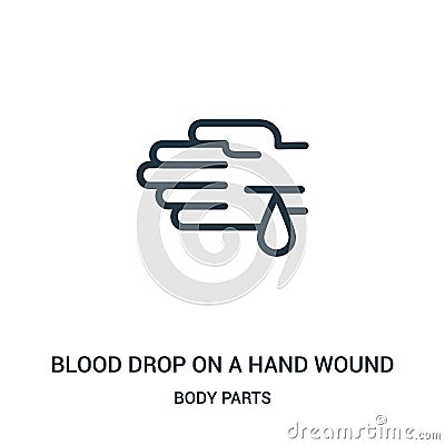 blood drop on a hand wound icon vector from body parts collection. Thin line blood drop on a hand wound outline icon vector Vector Illustration