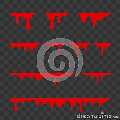 Blood drops, Halloween decoration borders design. Vector liquid blood drip splatter with flowing drop splash Vector Illustration