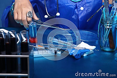 Blood Glass Tube Lab Test with tools equipment and Fashion hand Stock Photo