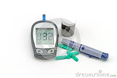 Blood glucose meter test kit, the blood sugar value is measured Stock Photo