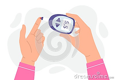 Blood glucose test. Hands hold glucometer and measures sugar level by finger stick. Diabetes monitoring and analysis Vector Illustration