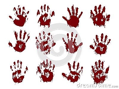 Blood horror hands set. Scary bloody handprints and murder, splatter marks, violence fingerprints or imprints collection Vector Illustration