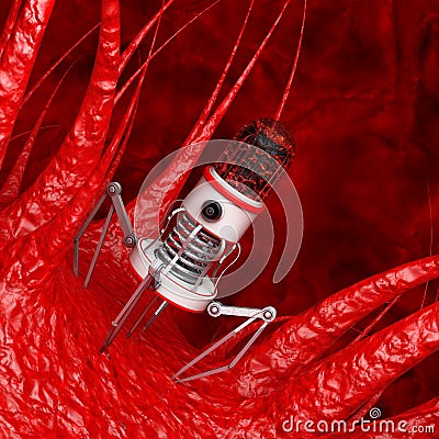 Blood Nano Robot with Camera, Claws and Needle over Virus, Bacteria, Microbe. 3d Rendering Stock Photo