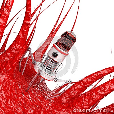 Blood Nano Robot with Camera, Claws and Needle over Virus, Bacteria, Microbe. 3d Rendering Stock Photo