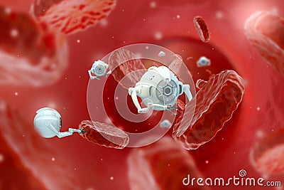 Blood nanorobots, Nanotechnology genetic engineering and the use of nanorobots for the treatment of cancer and other diseases. Cartoon Illustration