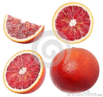 Blood orange collection. Whole, half, slice and a piece of red orange fruit isolated on white background. Stock Photo